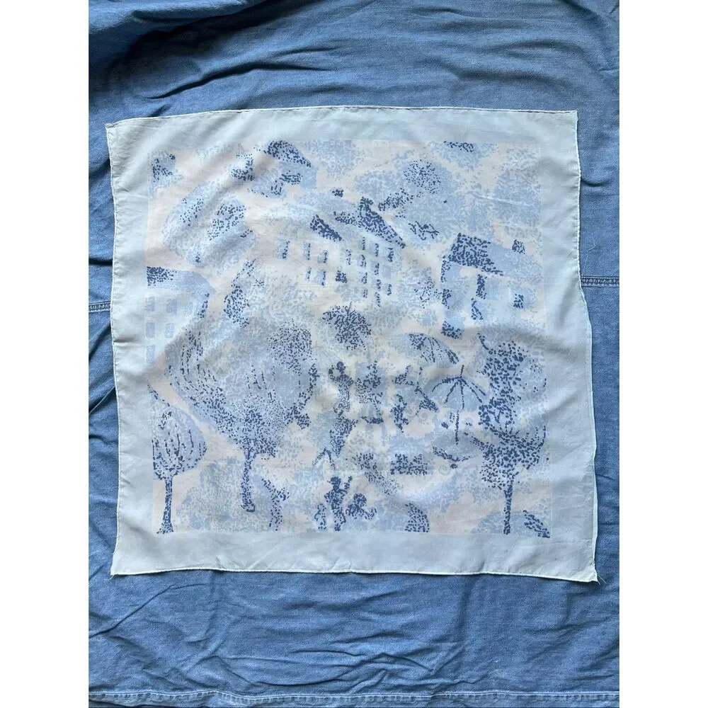 French Country Cottagecore Blue Toile Scenic Square Scarf Parisian Romantic 25.5